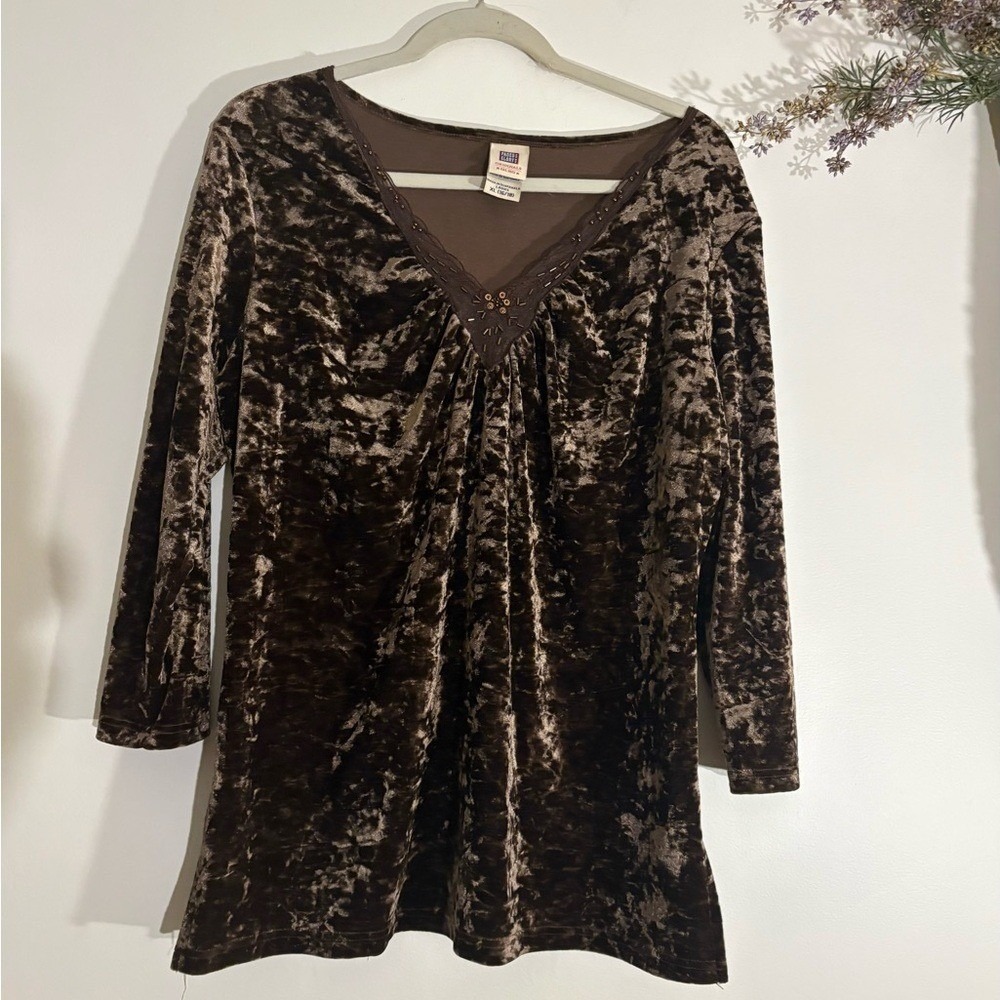 Stretchy Crushed Velvet Chocolate Brown Beaded Top -XL